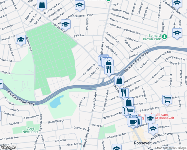 map of restaurants, bars, coffee shops, grocery stores, and more near 622 Hillside Court in Uniondale