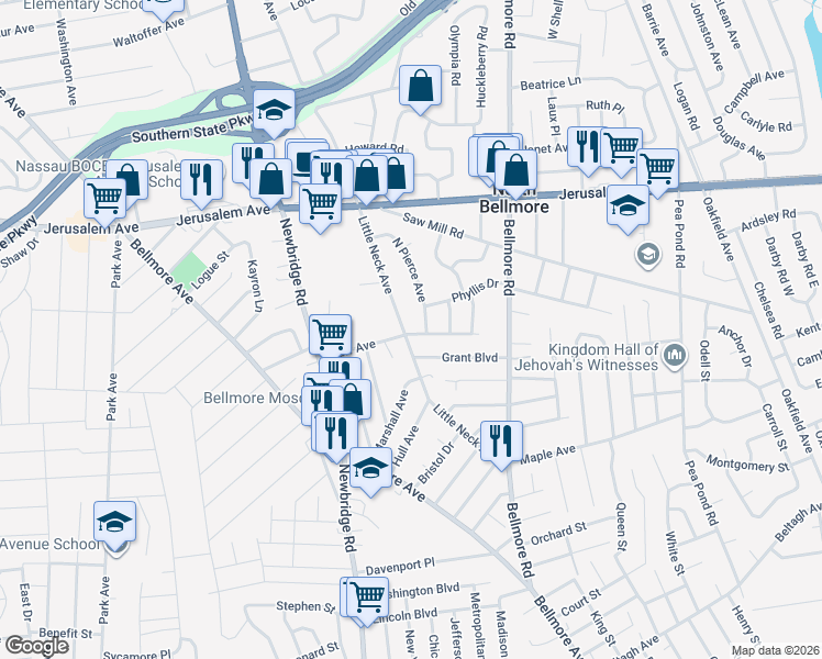 map of restaurants, bars, coffee shops, grocery stores, and more near 1339 Little Neck Avenue in North Bellmore