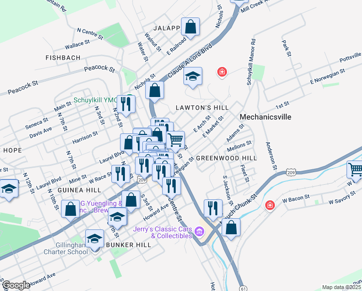 map of restaurants, bars, coffee shops, grocery stores, and more near 115 North George Street in Pottsville