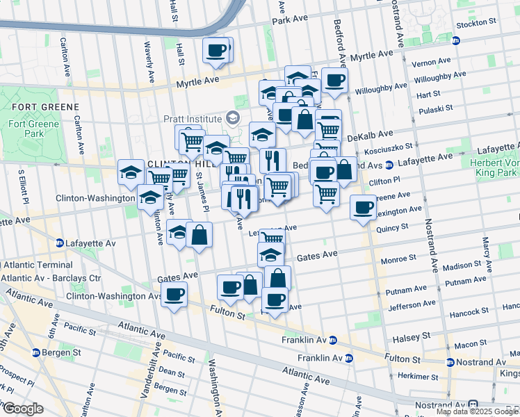 map of restaurants, bars, coffee shops, grocery stores, and more near 74 Clifton Place in Brooklyn