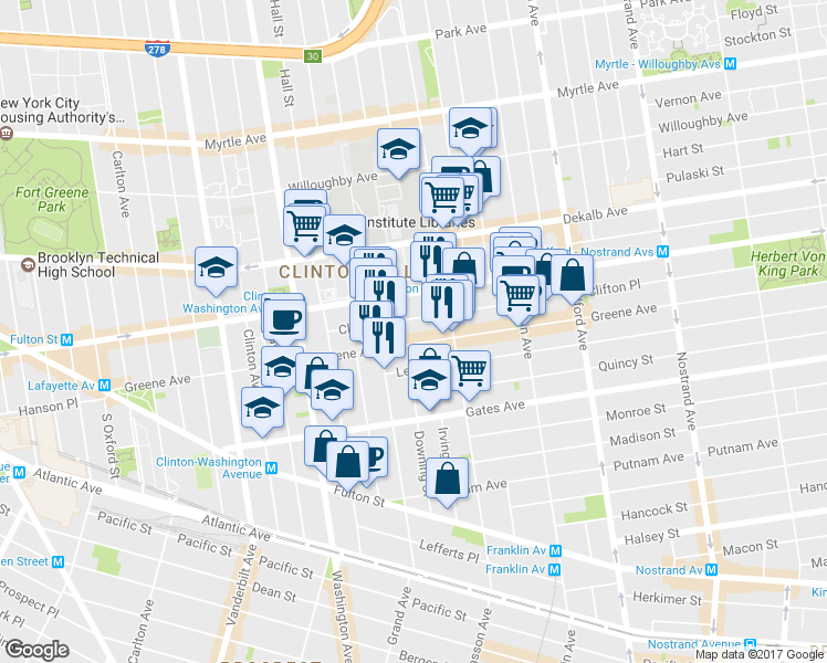 map of restaurants, bars, coffee shops, grocery stores, and more near 74 Clifton Place in Brooklyn
