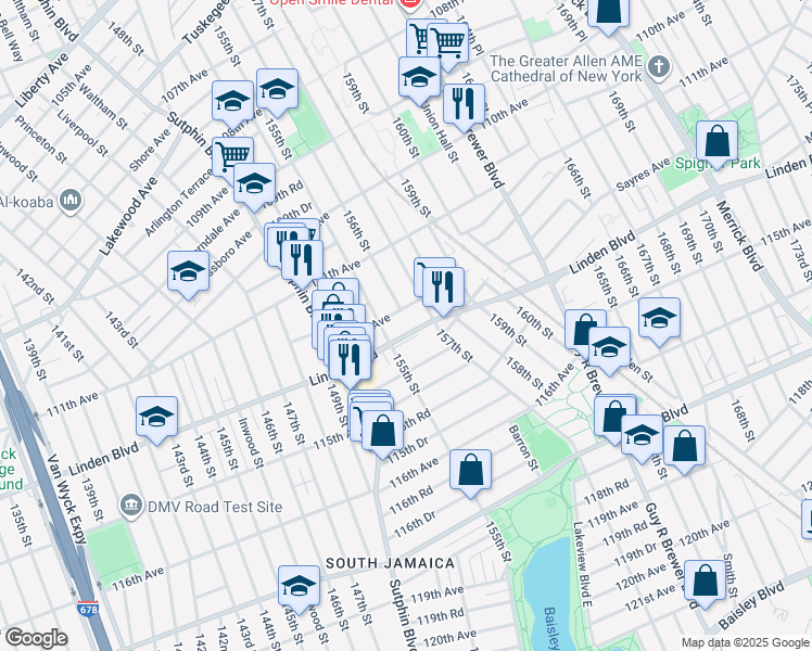 map of restaurants, bars, coffee shops, grocery stores, and more near 155-23 Linden Boulevard in Queens