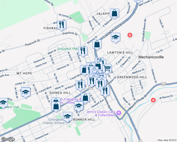 map of restaurants, bars, coffee shops, grocery stores, and more near 383 North Centre Street in Pottsville