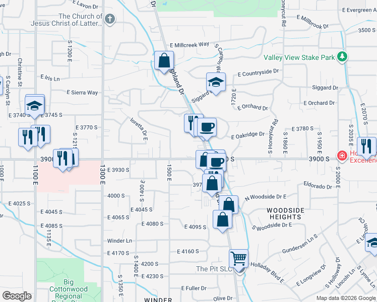 map of restaurants, bars, coffee shops, grocery stores, and more near 1521 East 3900 South in Salt Lake City