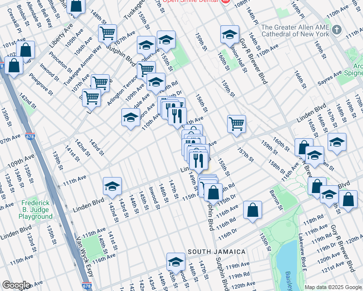 map of restaurants, bars, coffee shops, grocery stores, and more near 111-15 148th Street in Queens