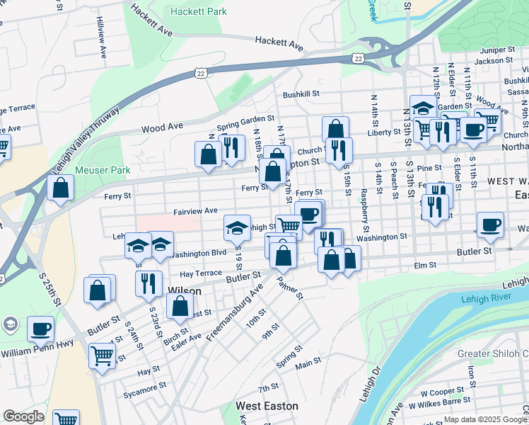 map of restaurants, bars, coffee shops, grocery stores, and more near 1808 Fairview Avenue in Easton