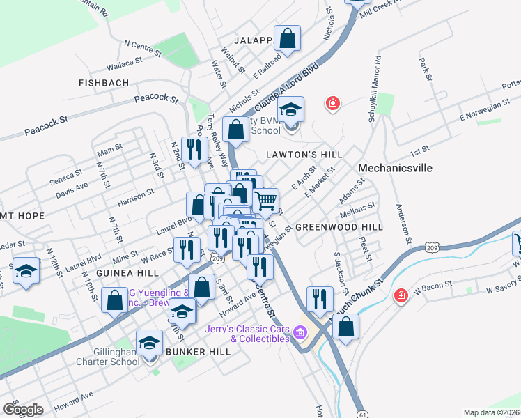 map of restaurants, bars, coffee shops, grocery stores, and more near 318 East Arch Street in Pottsville