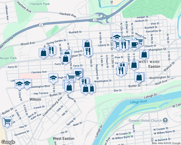 map of restaurants, bars, coffee shops, grocery stores, and more near 1521 Lehigh Street in Easton