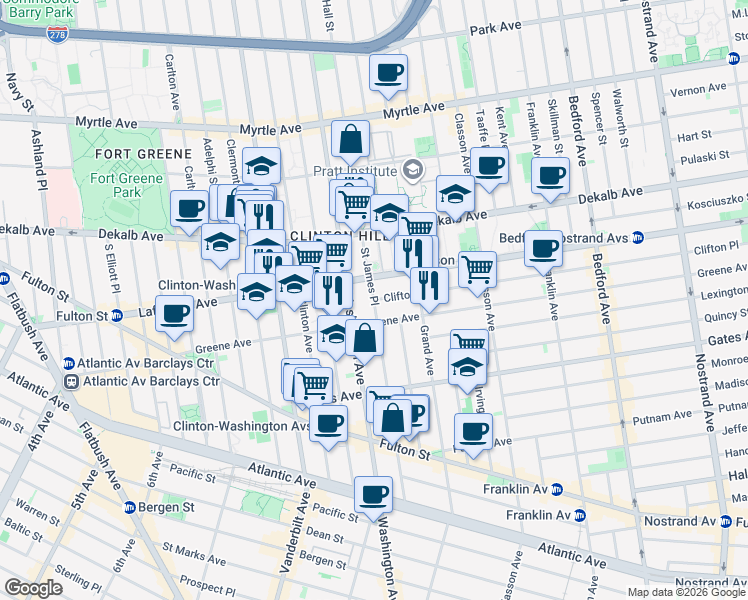 map of restaurants, bars, coffee shops, grocery stores, and more near Clifton Pl & St James Pl in Brooklyn