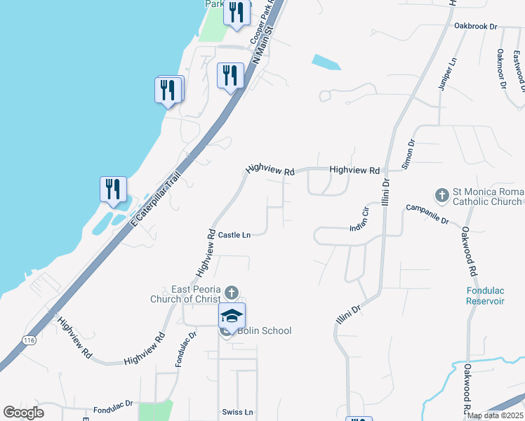 map of restaurants, bars, coffee shops, grocery stores, and more near 231 Castle Lane in East Peoria