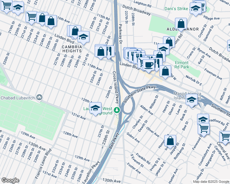 map of restaurants, bars, coffee shops, grocery stores, and more near 236-19 119th Avenue in Queens