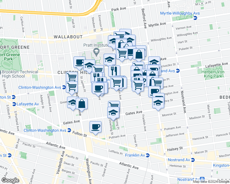 map of restaurants, bars, coffee shops, grocery stores, and more near 283 Greene Avenue in Brooklyn