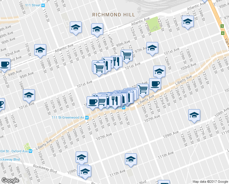 map of restaurants, bars, coffee shops, grocery stores, and more near 116-11 103rd Avenue in Queens
