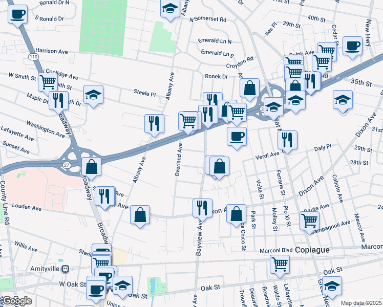 map of restaurants, bars, coffee shops, grocery stores, and more near 13 Gilbert Place in Amityville