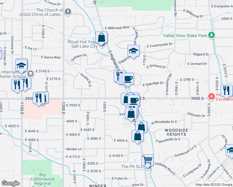 map of restaurants, bars, coffee shops, grocery stores, and more near 1521 East 3900 South in Salt Lake City
