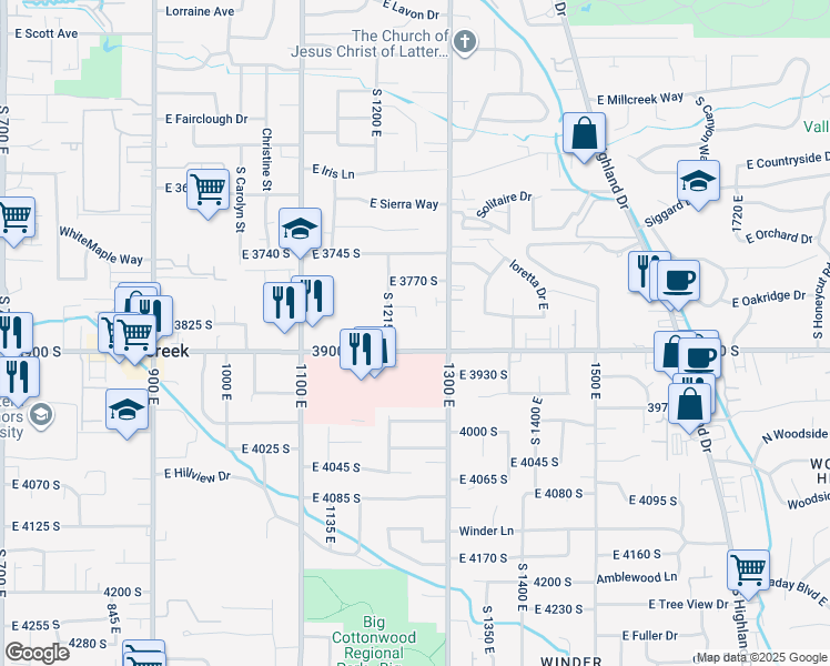 map of restaurants, bars, coffee shops, grocery stores, and more near 1255 East 3900 South in Millcreek