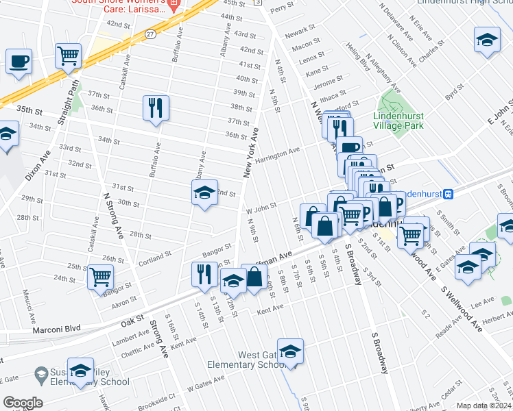 map of restaurants, bars, coffee shops, grocery stores, and more near 203 North 8th Street in Lindenhurst