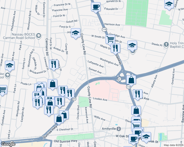 map of restaurants, bars, coffee shops, grocery stores, and more near 138 Francesca Way in Amityville