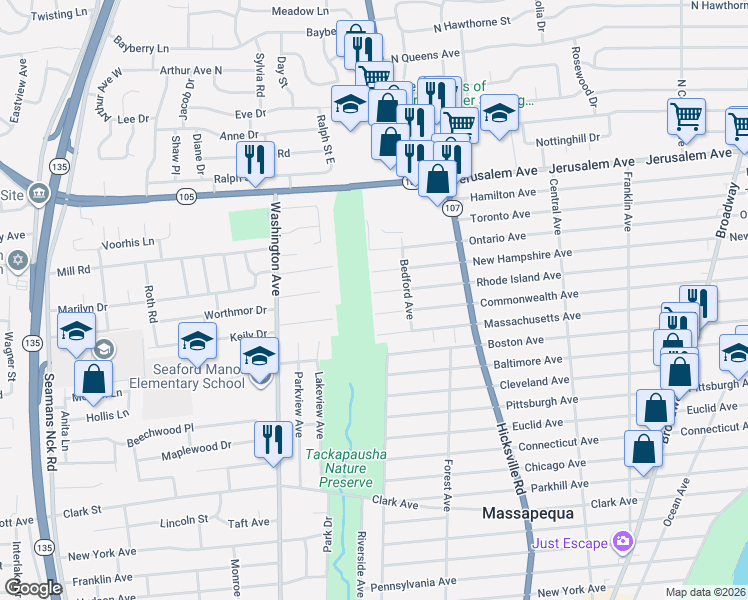 map of restaurants, bars, coffee shops, grocery stores, and more near 15 Commonwealth Avenue in Massapequa