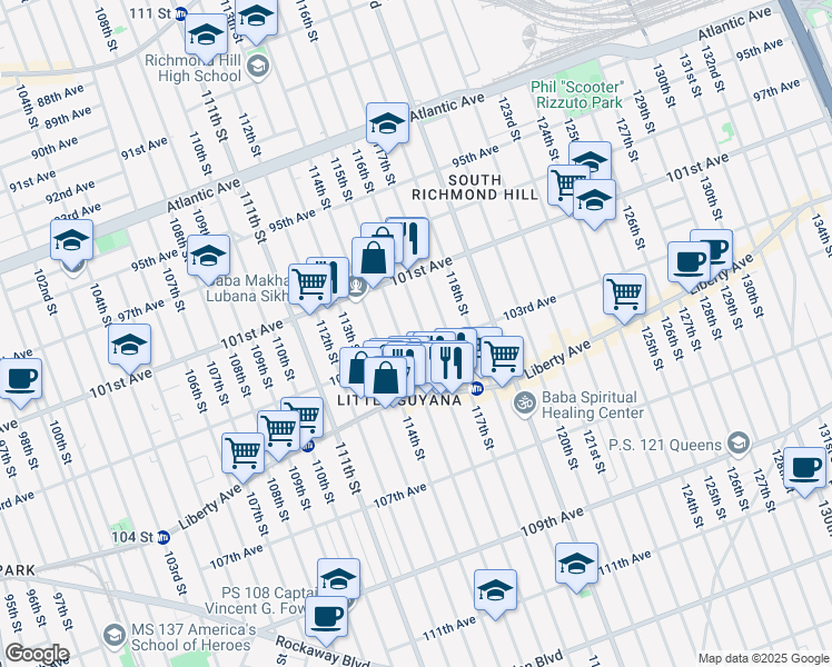 map of restaurants, bars, coffee shops, grocery stores, and more near 101-57 115th Street in Queens