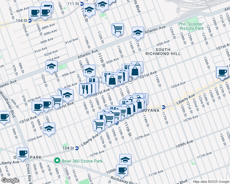 map of restaurants, bars, coffee shops, grocery stores, and more near 101-11 110th Street in Queens