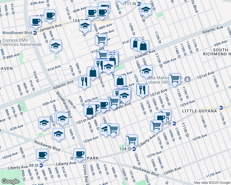 map of restaurants, bars, coffee shops, grocery stores, and more near 103-02 97th Avenue in Queens