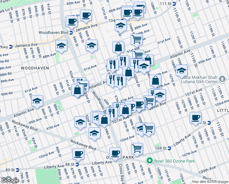 map of restaurants, bars, coffee shops, grocery stores, and more near 95-11 97th Street in Queens
