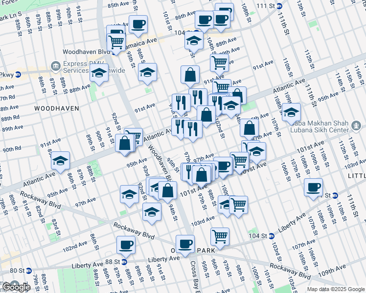 map of restaurants, bars, coffee shops, grocery stores, and more near 95-11 97th Street in Queens