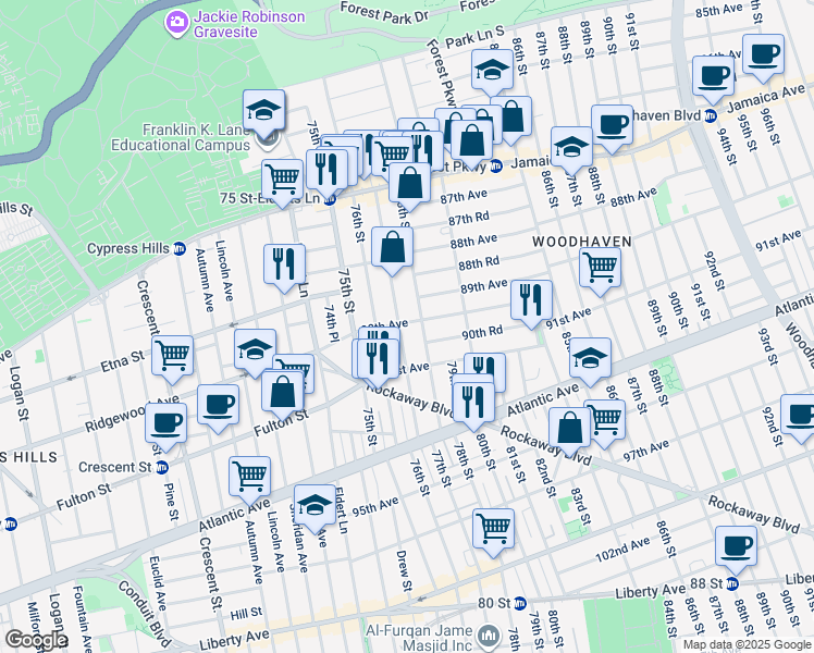 map of restaurants, bars, coffee shops, grocery stores, and more near 90-10 78th Street in Queens