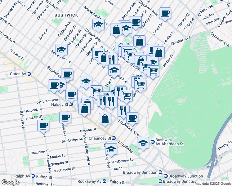 map of restaurants, bars, coffee shops, grocery stores, and more near 116 Schaefer Street in Brooklyn