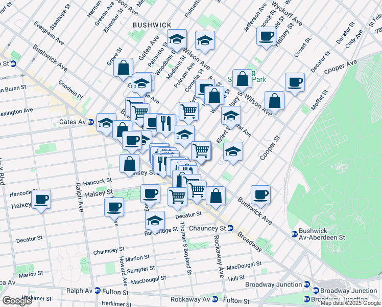 map of restaurants, bars, coffee shops, grocery stores, and more near 1259 Bushwick Avenue in Brooklyn