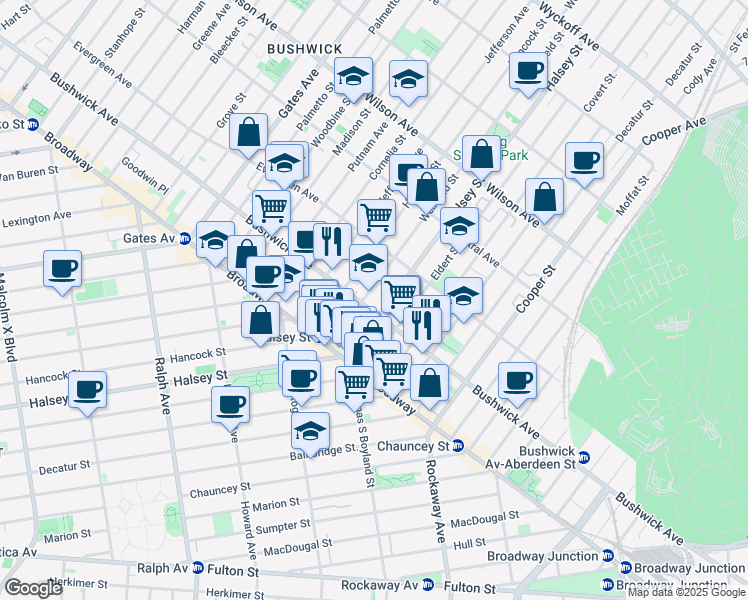 map of restaurants, bars, coffee shops, grocery stores, and more near 1259 Bushwick Avenue in Brooklyn