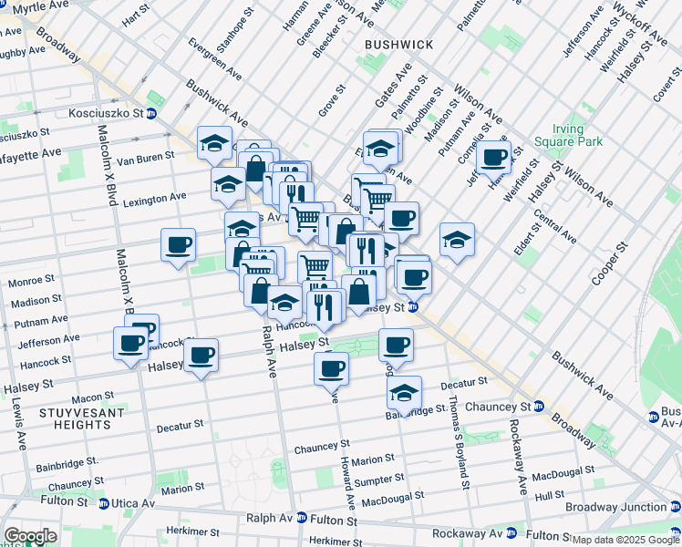 map of restaurants, bars, coffee shops, grocery stores, and more near 1021 Putnam Avenue in Brooklyn