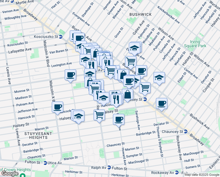 map of restaurants, bars, coffee shops, grocery stores, and more near 989 Putnam Avenue in Brooklyn