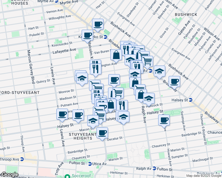 map of restaurants, bars, coffee shops, grocery stores, and more near 729 Madison Street in Brooklyn