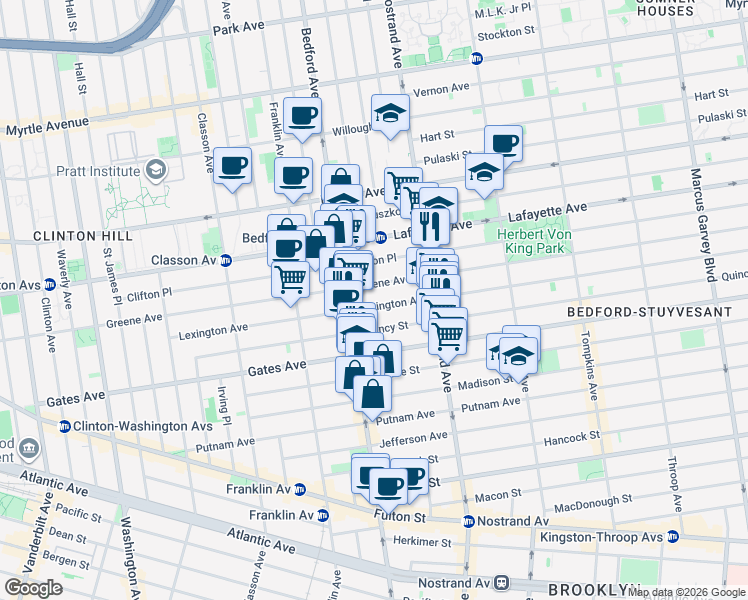 map of restaurants, bars, coffee shops, grocery stores, and more near 233 Lexington Avenue in Brooklyn