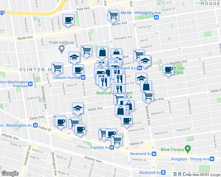 map of restaurants, bars, coffee shops, grocery stores, and more near 159 Lexington Avenue in Brooklyn