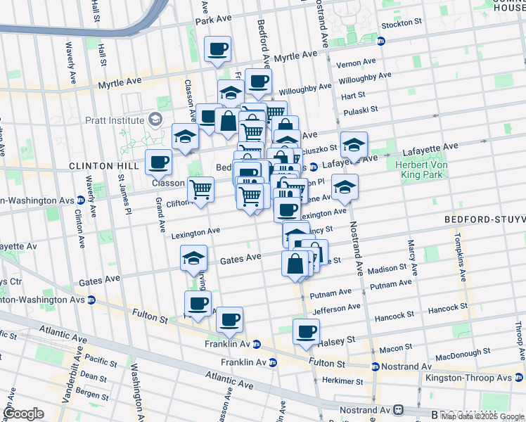 map of restaurants, bars, coffee shops, grocery stores, and more near 159 Lexington Avenue in Brooklyn