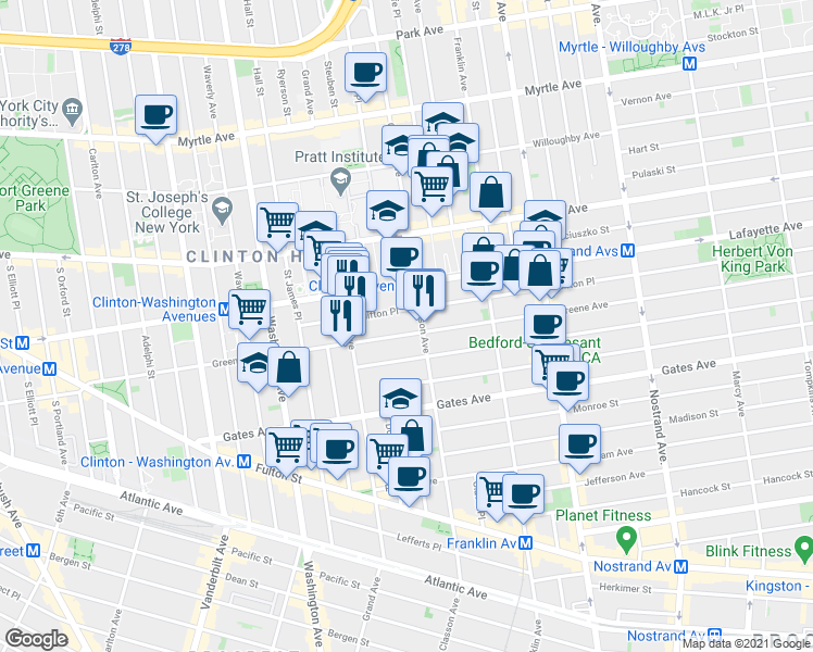 map of restaurants, bars, coffee shops, grocery stores, and more near 281 Greene Avenue in Brooklyn
