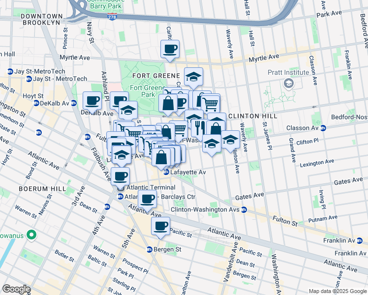 map of restaurants, bars, coffee shops, grocery stores, and more near 133 Lafayette Avenue in Brooklyn