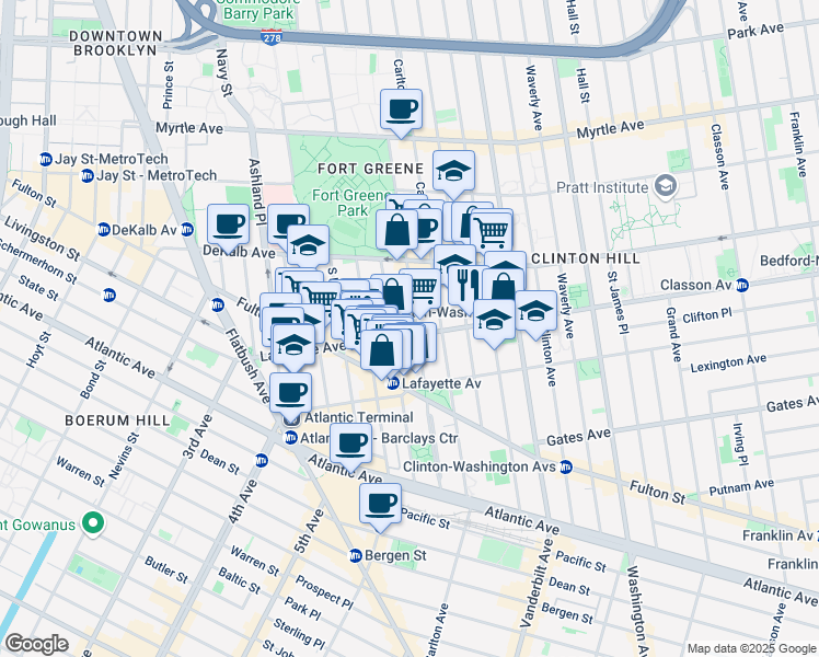map of restaurants, bars, coffee shops, grocery stores, and more near 133 Lafayette Avenue in Brooklyn