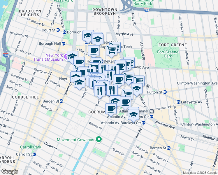 map of restaurants, bars, coffee shops, grocery stores, and more near 78 Bond Street in Brooklyn