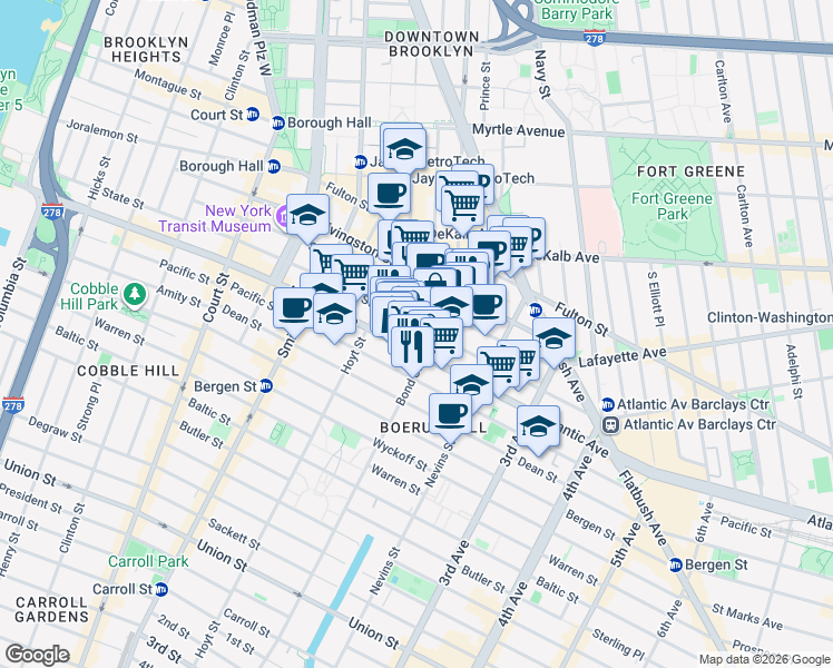 map of restaurants, bars, coffee shops, grocery stores, and more near 78 Bond Street in Brooklyn