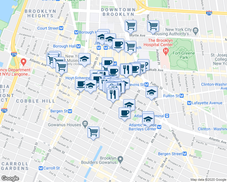 map of restaurants, bars, coffee shops, grocery stores, and more near 78 Bond Street in Brooklyn
