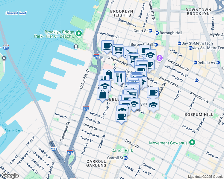map of restaurants, bars, coffee shops, grocery stores, and more near 198 Warren Street in Brooklyn