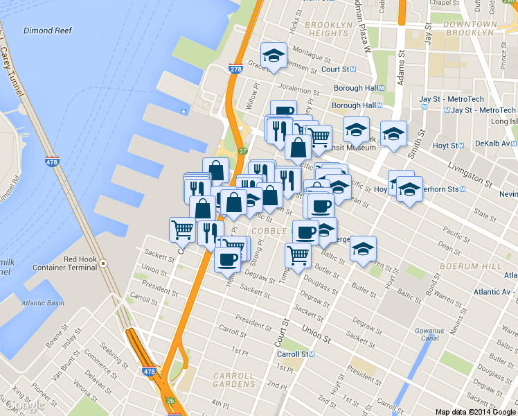 map of restaurants, bars, coffee shops, grocery stores, and more near 402 Henry Street in Brooklyn