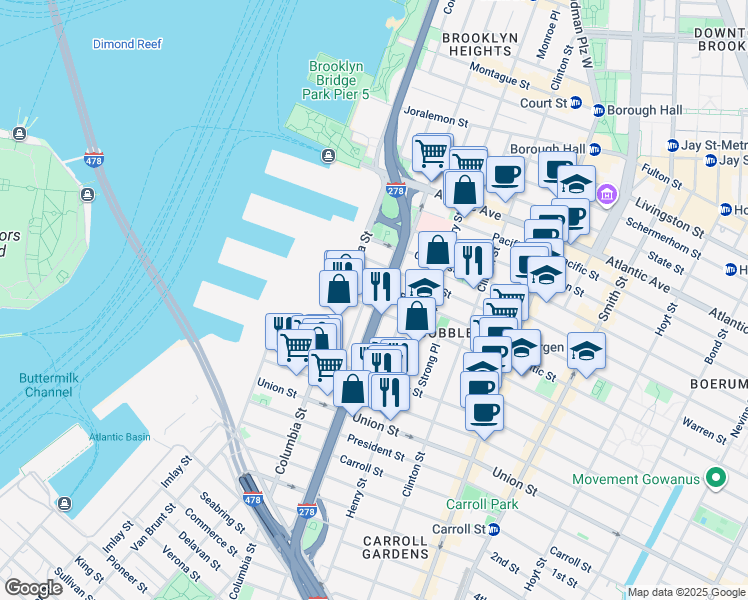 map of restaurants, bars, coffee shops, grocery stores, and more near 447 Hicks Street in Brooklyn
