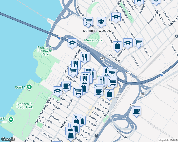 map of restaurants, bars, coffee shops, grocery stores, and more near 79 West 55th Street in Bayonne