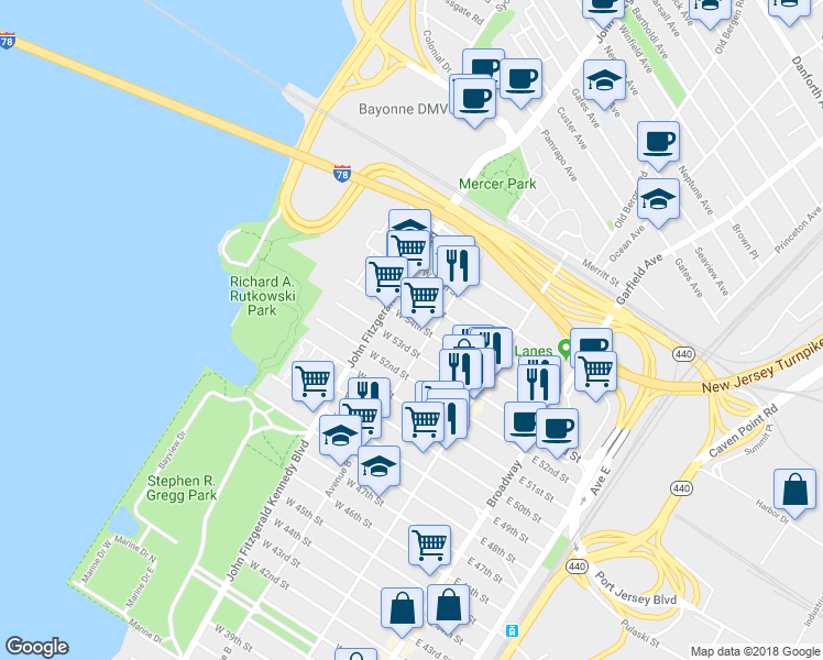 map of restaurants, bars, coffee shops, grocery stores, and more near 127 West 53rd Street in Bayonne