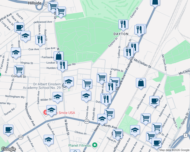 map of restaurants, bars, coffee shops, grocery stores, and more near 1029 Cross Avenue in Elizabeth